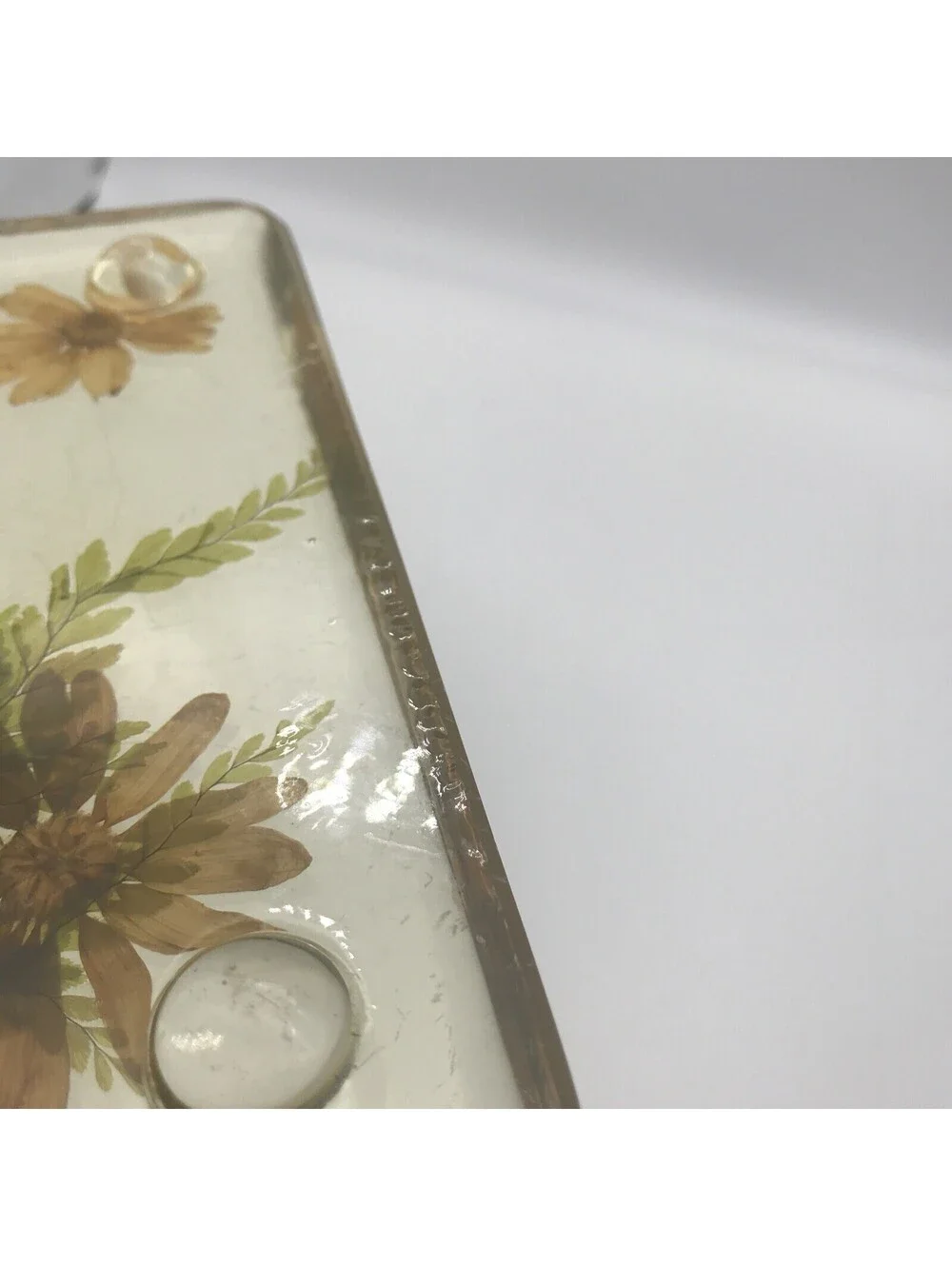 Vintage Acrylic Resin Trivet Daisy Fern Dried Flowers 7.75” Square MCM Footed